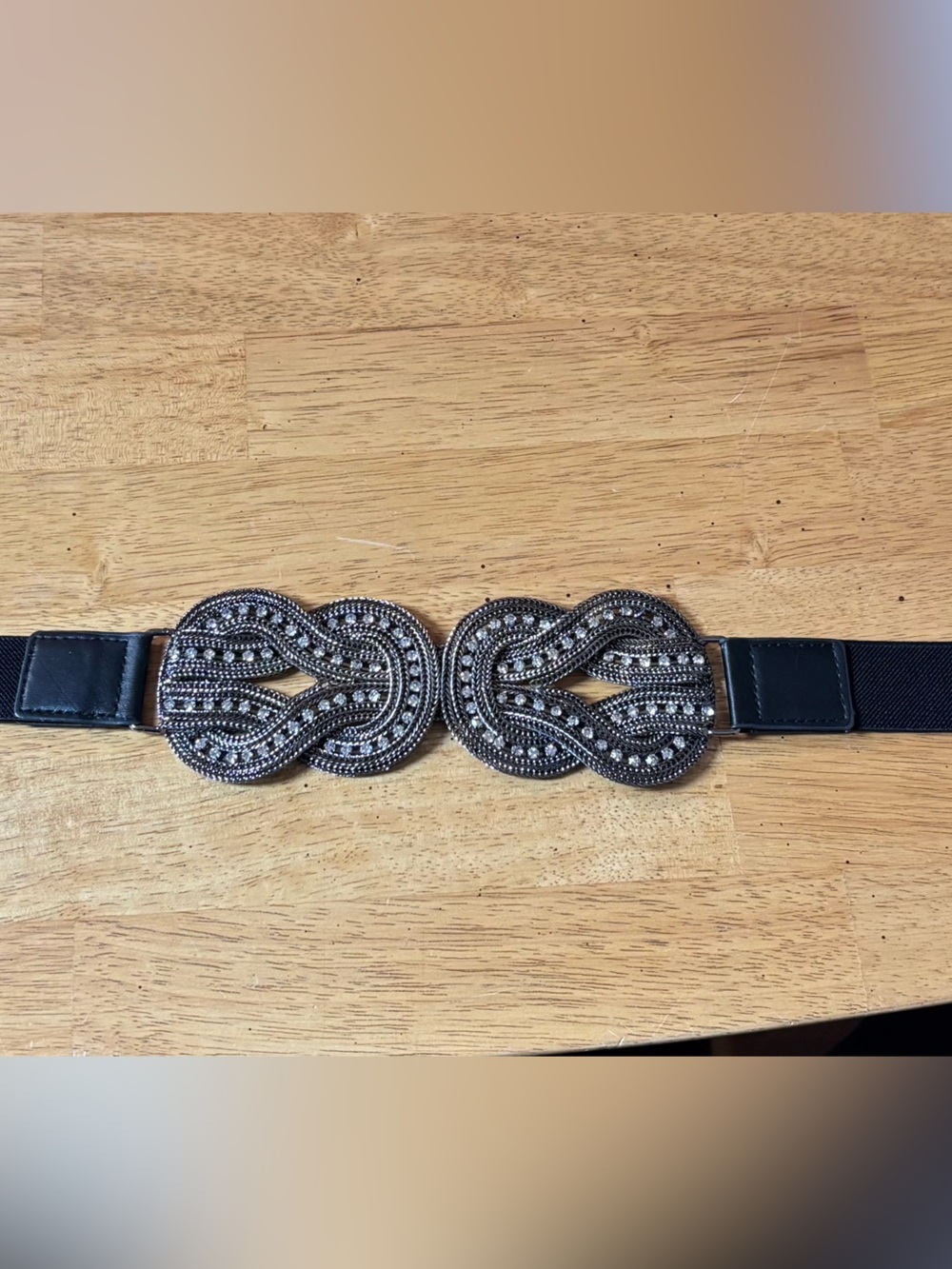 Black Elastic Stretch Belt Double Knot Rhinestones - Picture 4 of 9